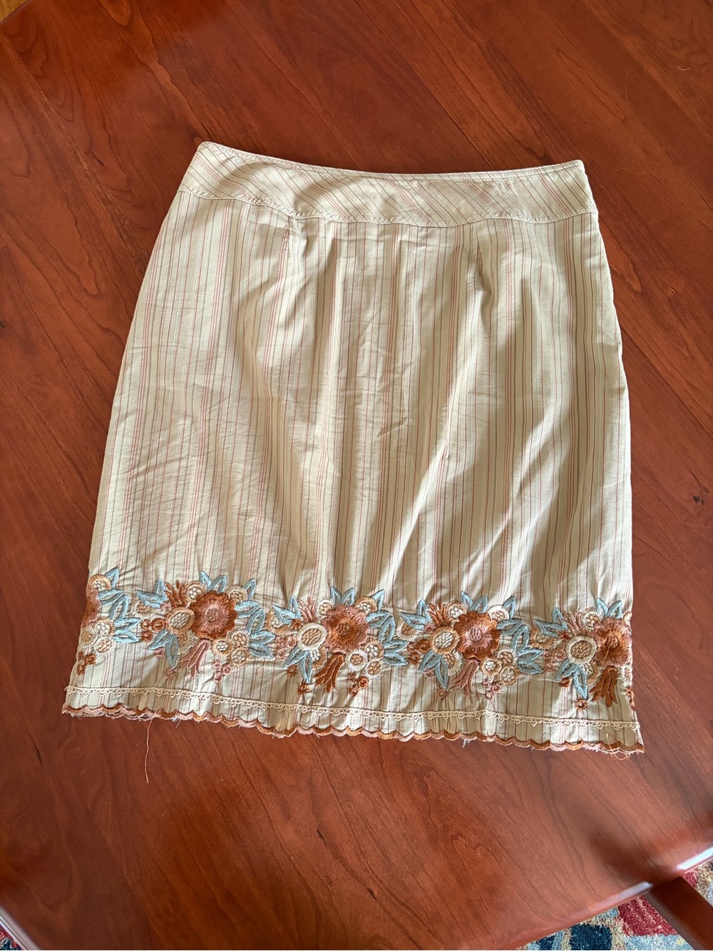 Cynthia Steffe Cream Pencil Skirt with Blue and Brown Floral Embroidery